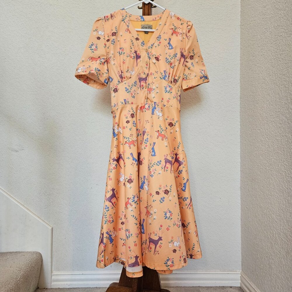 Lindy Bop Ionia Satin Woodland Creatures Fit and Flare Retro Dress